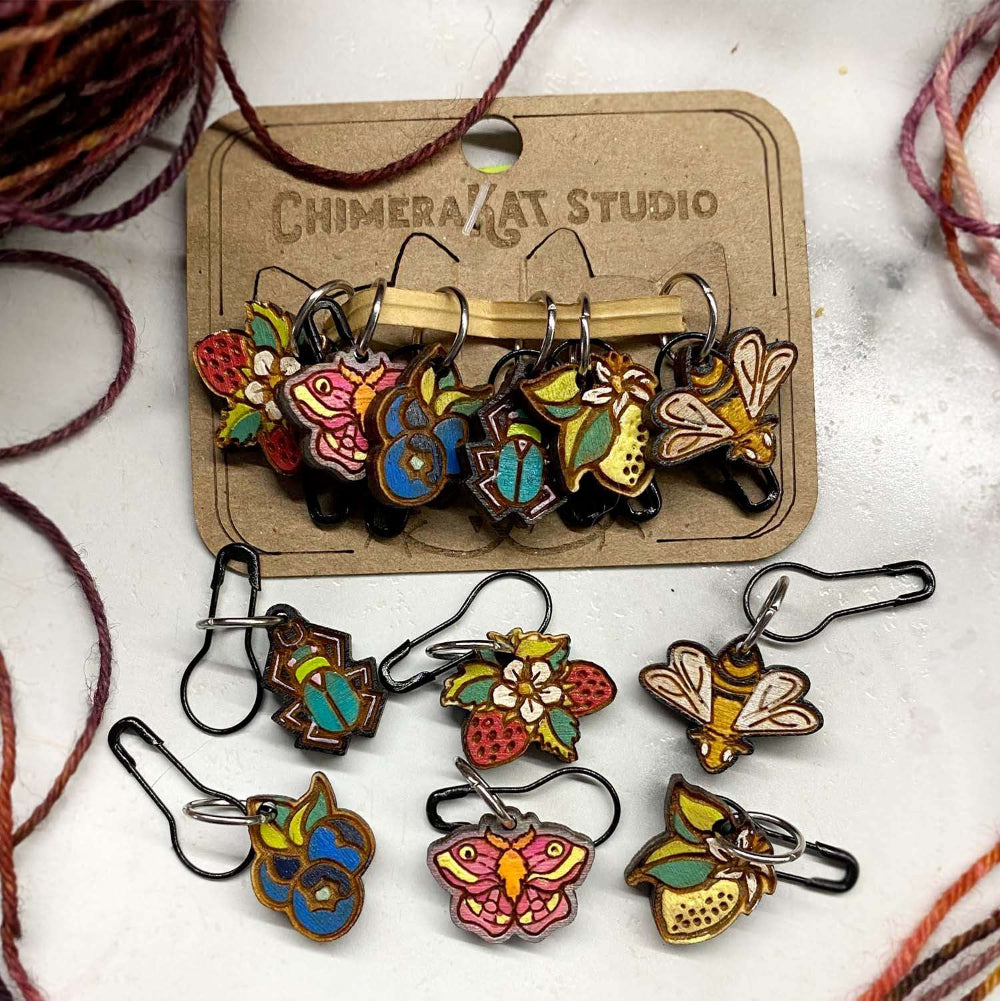 The Garden Party hand painted stitch marker set from ChimeraKat Studio