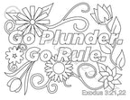 Black and white line art with floral designs and text 'Go Plunder, Go Rule' from Exodus 3:21,22 on a white background.