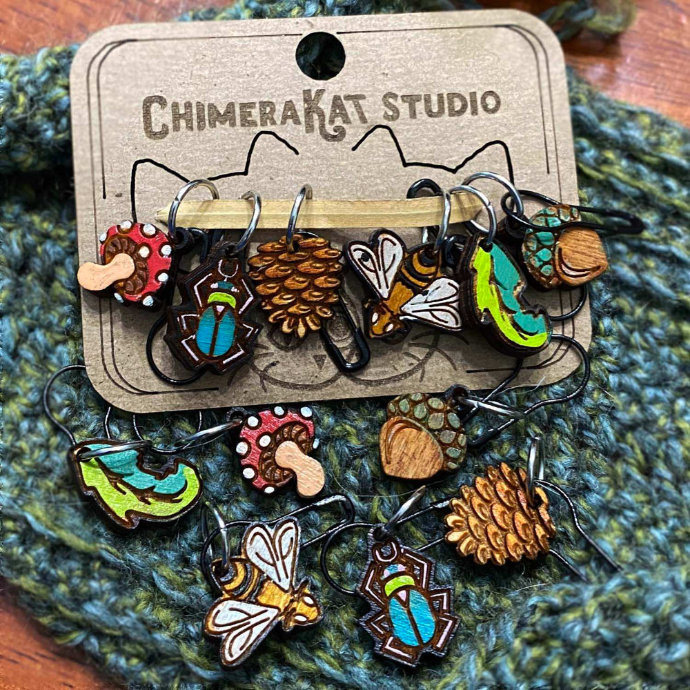 The Natural hand painted stitch marker set from ChimeraKat Studio